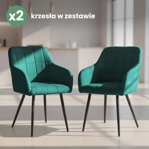 2x Krzesło tapicerowane z przeszyciami kwadratowymi Butelkowa Zieleń LUXANO Czarne nogi