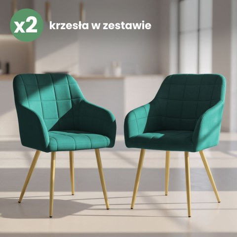 2x Krzesło tapicerowane z przeszyciami kwadratowymi Butelkowa Zieleń LUXANO Złote nogi