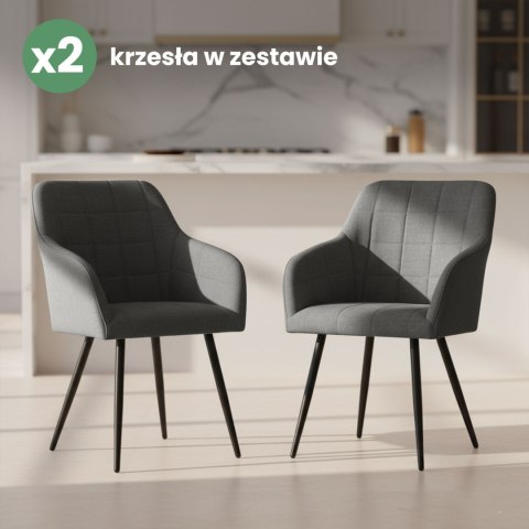 2x Krzesło tapicerowane z przeszyciami kwadratowymi Ciemny Grafit LUXANO Czarne nogi tkanina Lumos