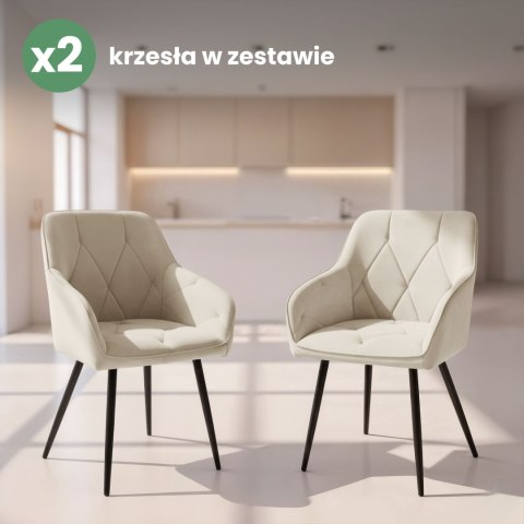 2x Welurowe krzesło tapicerowane pikowane Kremowe DIAMANTE Czarne nogi