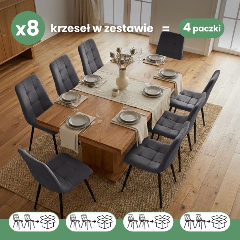 8x Welurowe krzesło tapicerowane pikowane Ciemny Grafit NERO Czarne nogi