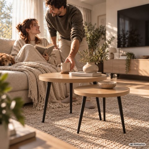 Zestaw stolików kawowych TWINO 52 cm okrągłe Naturalne Drewno czarne nogi