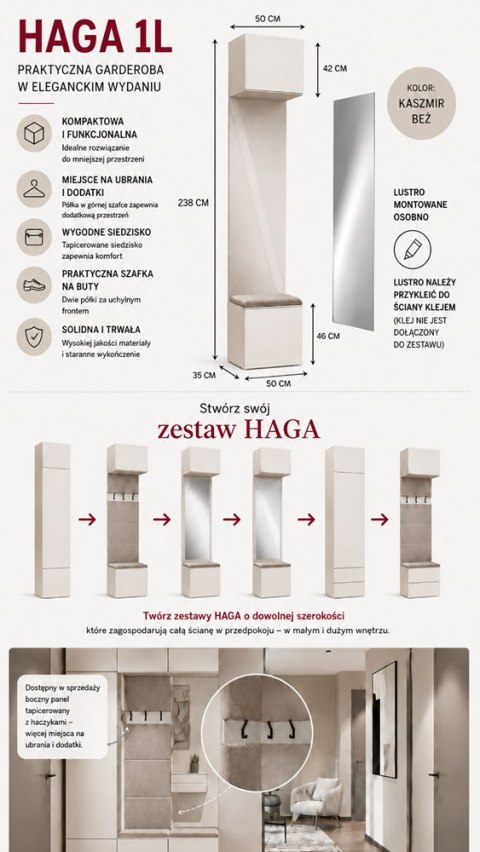 Garderoba HAGA 1L Szafka Do Przedpokoju Korytarza KASZMIR BEŻ 238x50x35 cm