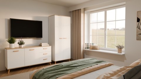 Komoda OLYMPO 2D3S BIAŁA DĄB ARTISAN Szafka 150 Cm 3 Szuflady 2 Drzwi