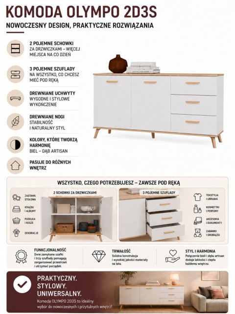 Komoda OLYMPO 2D3S BIAŁA DĄB ARTISAN Szafka 150 Cm 3 Szuflady 2 Drzwi