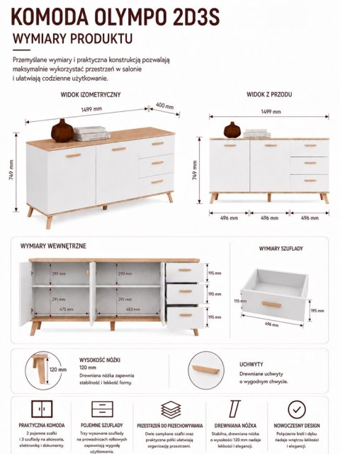 Komoda OLYMPO 2D3S BIAŁA DĄB ARTISAN Szafka 150 Cm 3 Szuflady 2 Drzwi