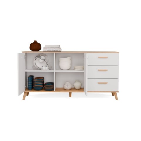 Komoda OLYMPO 2D3S BIAŁA DĄB ARTISAN Szafka 150 Cm 3 Szuflady 2 Drzwi