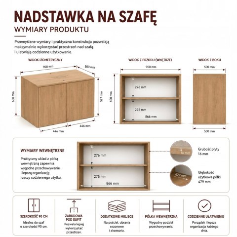 Szafa z Nadstawką SD-90 Drzwi Półki DĄB ARTISAN Do Garderoby Pokoju Biura