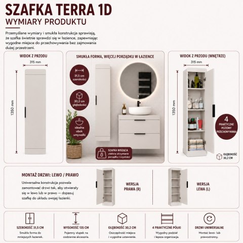 Szafka Łazienkowa Wisząca TERRA 1D KASZMIR BEŻ Słupek 4 Półki Do Łazienki