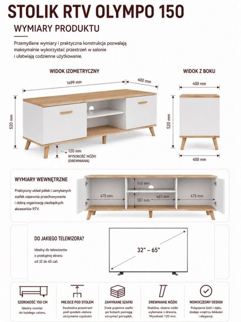 Szafka RTV OLYMPO 150 BIAŁA DĄB ARTISAN 150 CM Stolik Pod TV Telewizor